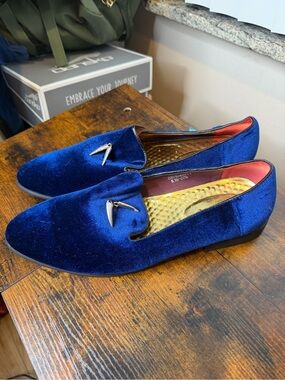 CMM royal blue velvet loafers gold-toned spike detail on the vamp Size 15